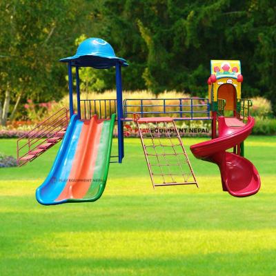 Popular Kids Outdoor Play Station With Big Double Slide with Dome, Net Climbing, Sprial and Dom House - 16 Ft. Set