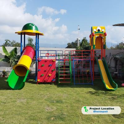 Happy Kids Multi Outdoor Play Sets Deluxe 9Ft Slide with House, Rope Climbing, Rock Climbing, Tunnel with Dome - 16 Ft