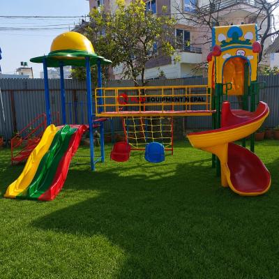 Happy Kids Outdoor Play Station with Dome Double Slide, Mini Swing, House Spiral Back Side Rope Climbing - 16 Ft.