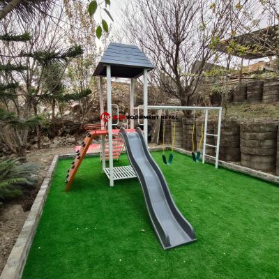 Modern Kids Garden Outdoor Play Station Single Slide and Dome Rock Climbing, Monkey Bar with Swing Seat