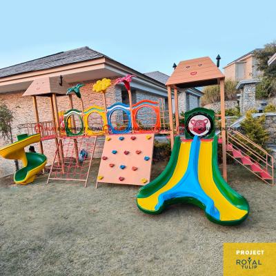 New Modern Kids Outdoor Play Station With Y Design Double Slide and Dome Rock Climbing, Rope Climber with Design Flower Spiral and Dome Set - 24 Ft.