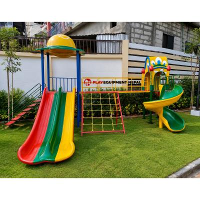 Kids Enjoy Outdoor Play Station with Big Double Slide with Smile Dome, Rope Climbing, Sprial Slide and House - 16 Ft. Set